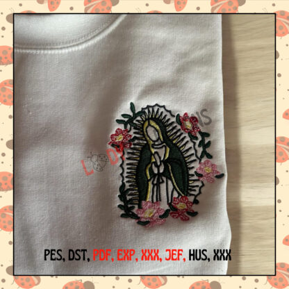 Lady Virgen Mary Machine Embroidery Design, available in various sizes and formats, perfect for religious garments and home décor