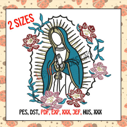 Lady Virgen Mary Machine Embroidery Design, available in various sizes and formats, perfect for religious garments and home décor