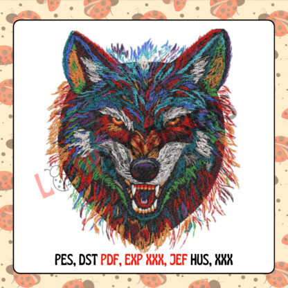 Colorful Wolf Machine Embroidery Design, perfect for apparel and accessories, available in multiple sizes