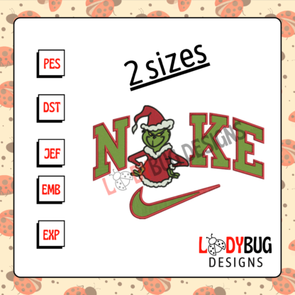 Get festive with the Nike Grinch Machine Embroidery Design in 10 and 8-inch sizes. Ideal for hats, shirts, and jackets, fully digitized for a flawless finish and ready for instant download.