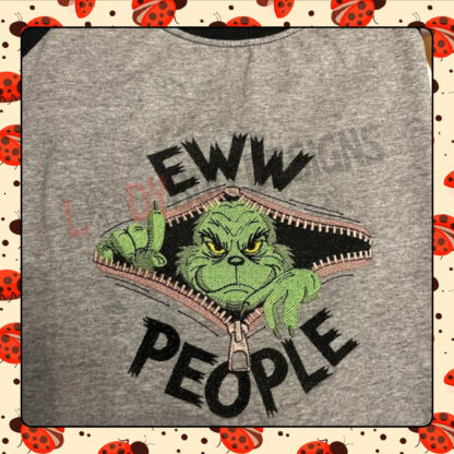 Add some holiday sass with The Ladybug Designs' "Eww People" Grinch Machine Embroidery Design! Perfect for clothing, accessories, and decor, this playful design captures the Grinch’s grumpy charm. Ready for instant download and easy stitching.