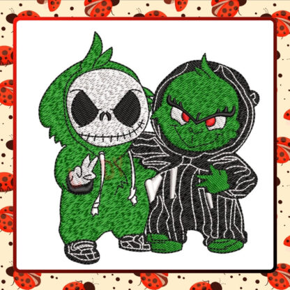 Celebrate the holidays with a twist using The Ladybug Designs' Grinch X Jack Embroidery Design. Perfect for apparel and décor, this unique pattern combines festive fun and spooky flair.