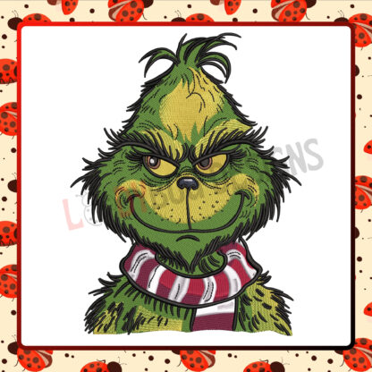 The Ladybug Designs, Cute Grinch Embroidery Design, holiday embroidery patterns, Christmas stitching designs, festive décor embroidery, Grinch embroidery design, custom holiday embroidery.