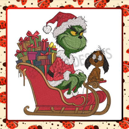 Add festive fun to your creations with The Ladybug Designs' Grinch with Gift Cart Embroidery Design. This playful and detailed pattern features the mischievous Grinch pulling a cart full of gifts, perfect for holiday apparel, stockings, tote bags, or décor. Crafted with precision stitching, it ensures a professional-quality finish that stands out. Let The Ladybug Designs bring holiday cheer and whimsy to your seasonal projects with this charming design.